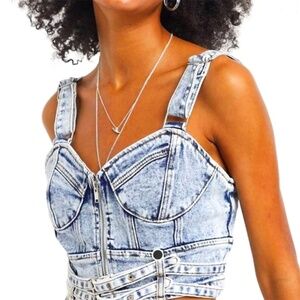 Signature 8 Blue Denim Bustier Tank Top with Buckle Straps
